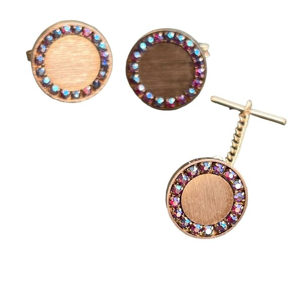 Vintage Gold Tone Cufflinks and Tie Tack Set with Iridescent Rhinestone Accents - Picture 2 of 6